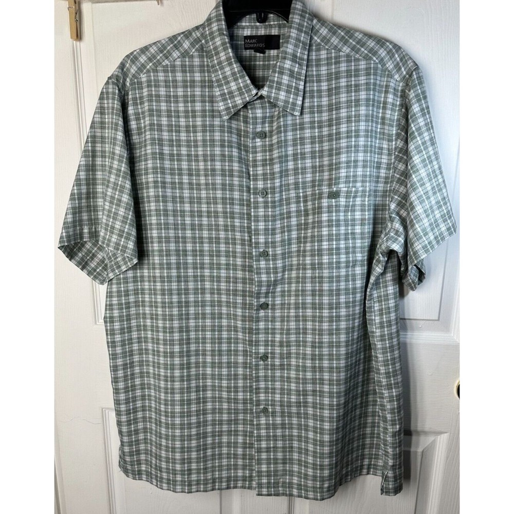 Mark Edwards Button-Up Shirt Men's XL Sage Green Plaid Short Sleeved 100% Poly